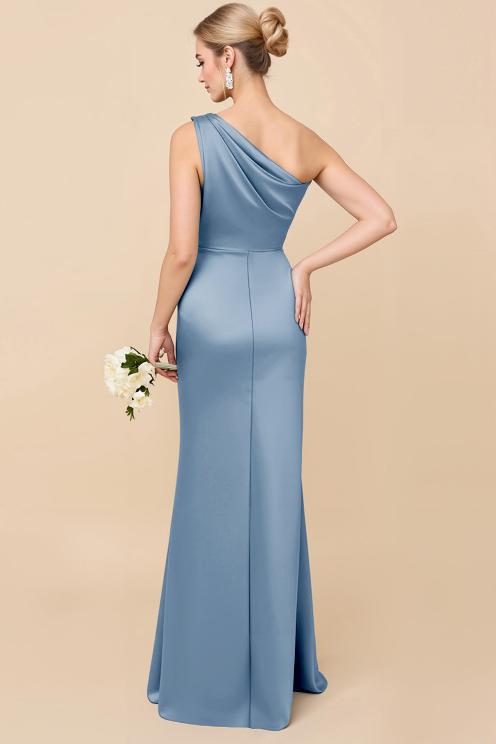 Sheath Satin Eucalyptus Ruched One Shoulder Long Bridesmaid Dress