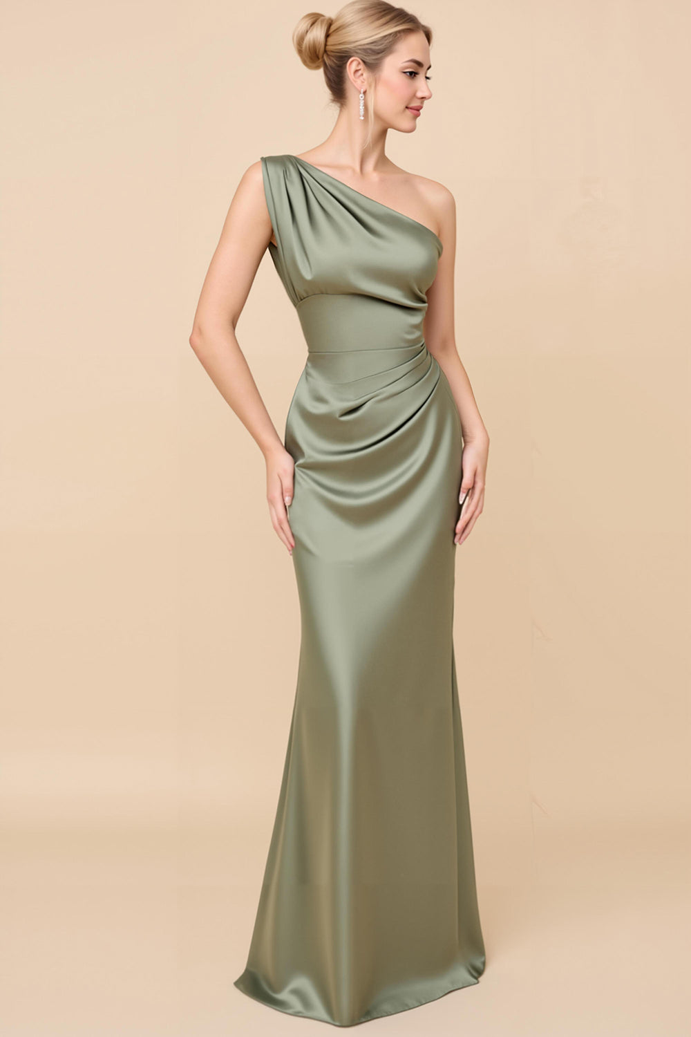 Sheath Satin Eucalyptus Ruched One Shoulder Long Bridesmaid Dress