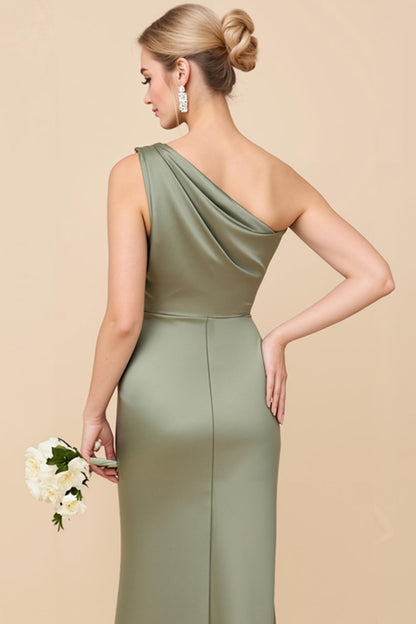 Sheath Satin Eucalyptus Ruched One Shoulder Long Bridesmaid Dress