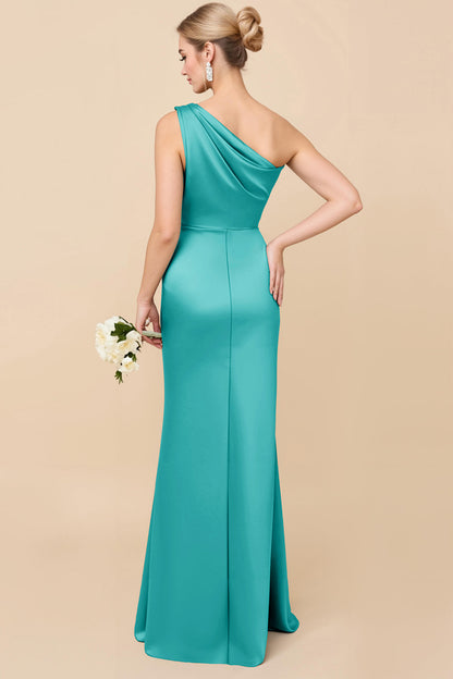 Sheath Satin Eucalyptus Ruched One Shoulder Long Bridesmaid Dress