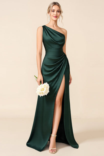 One Shoulder Pine Satin Long Bridesmaid Dress with Slit