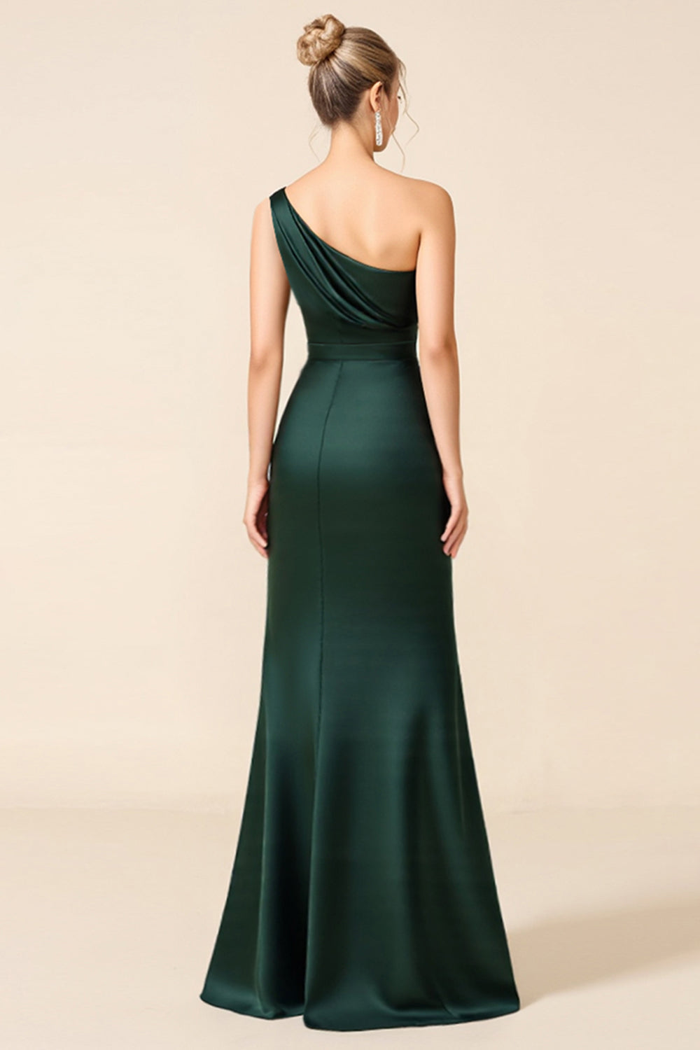 One Shoulder Pine Satin Long Bridesmaid Dress with Slit