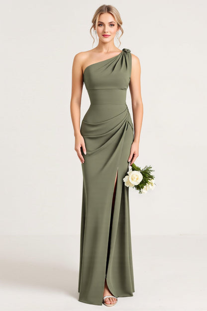 Sheath Olive One Shoulder Long Bridesmaid Dress with Slit