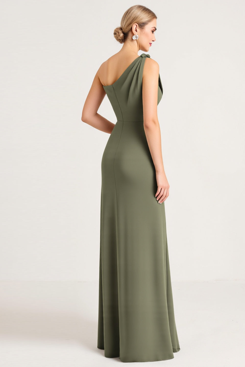 Sheath Olive One Shoulder Long Bridesmaid Dress with Slit