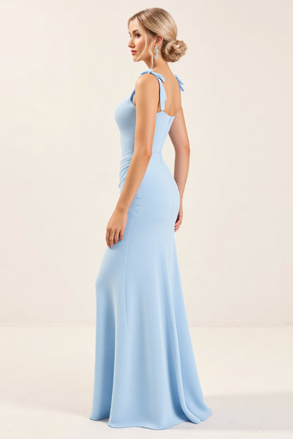 Sky Blue Sheath Long Spaghetti Straps Bridesmaid Dress With Slit