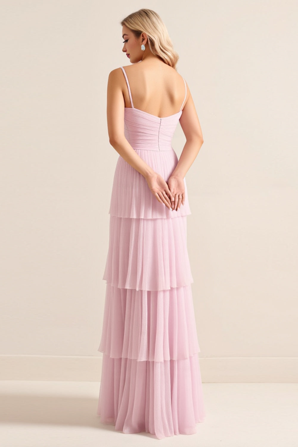 Candy Pink A Line Spaghetti Straps Long Tiered Bridesmaid Dress