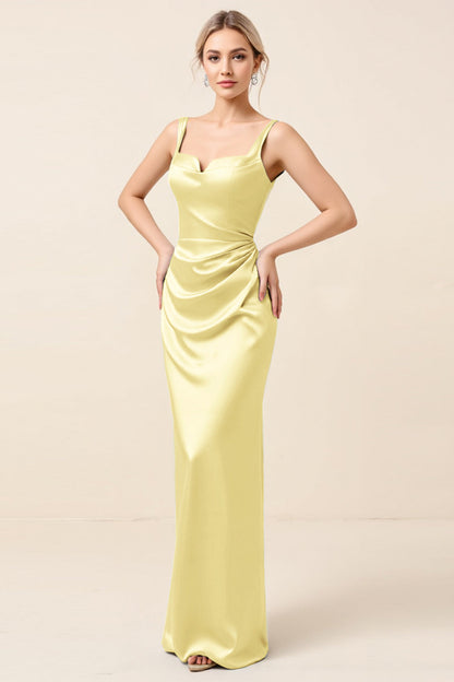 Sky Blue Satin Sheath Maxi Long Backless Bridesmaid Dress