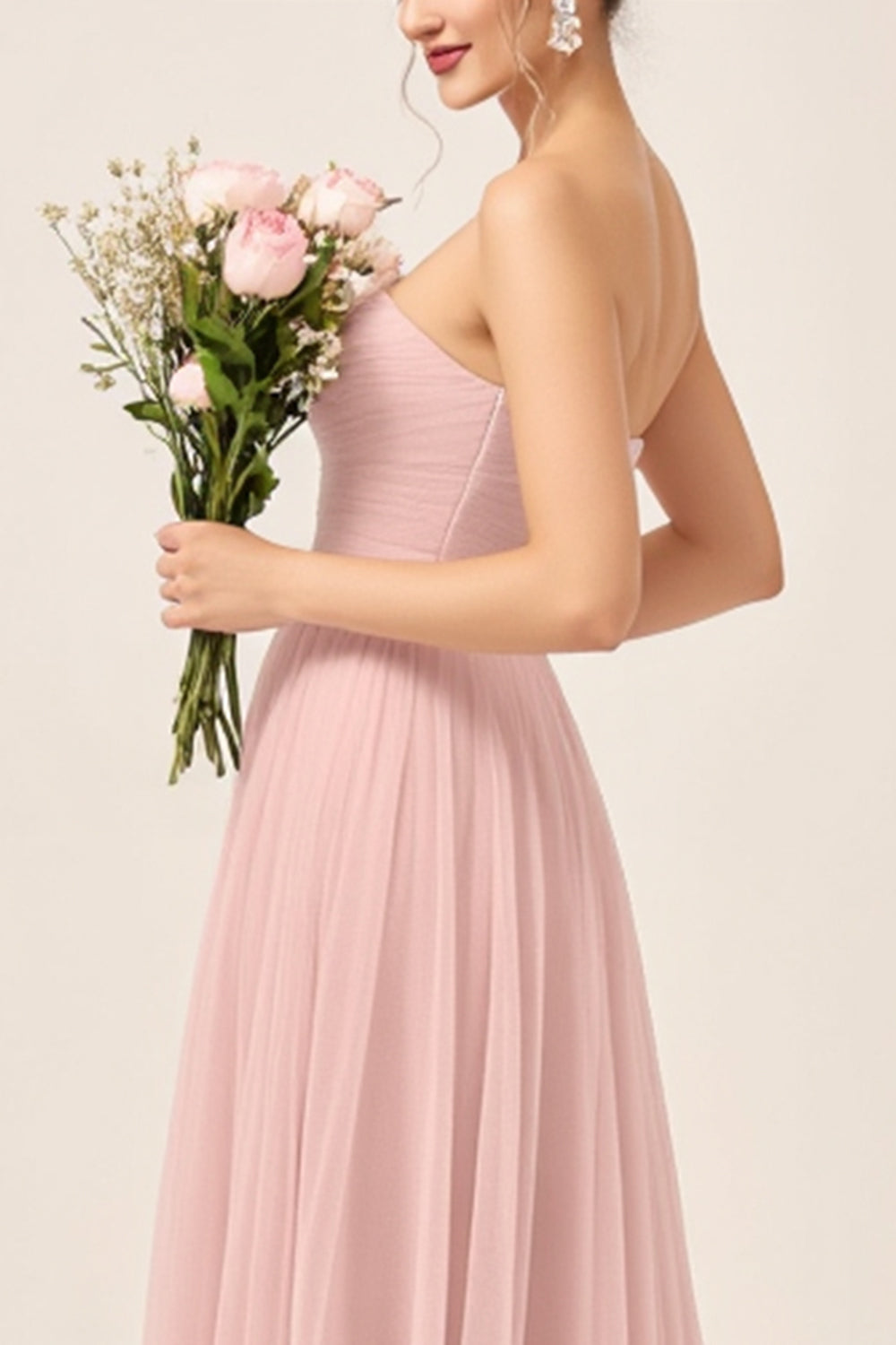 Blush Pink A Line Strapless Square Neck Maxi Bridesmaid Dress