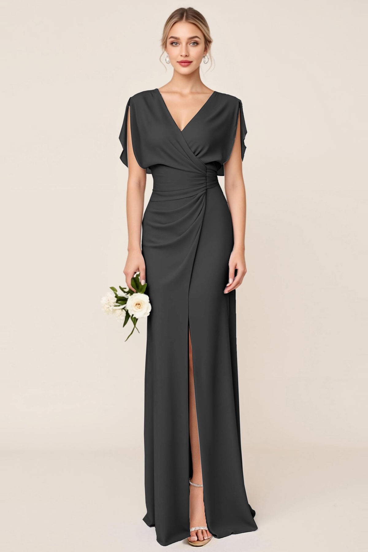Light Blue V Neck Sheath Maxi Long Bridesmaid Dress