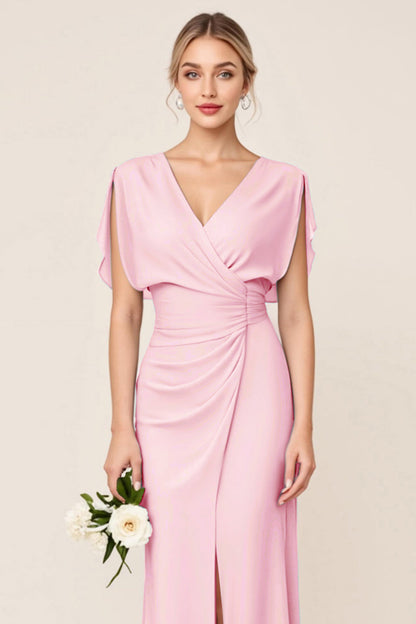 Light Blue V Neck Sheath Maxi Long Bridesmaid Dress