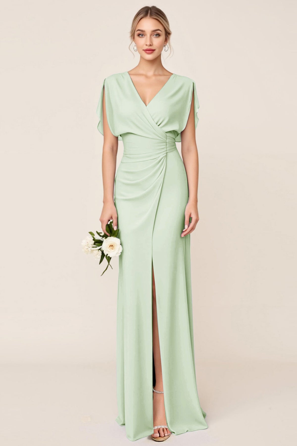 Light Blue V Neck Sheath Maxi Long Bridesmaid Dress