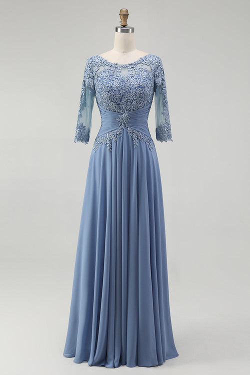Dusty Blue Illusion Neck Plus Size Long Mother of the Bride Dress