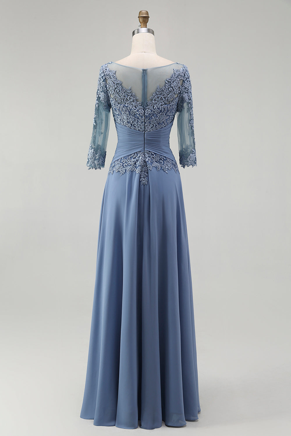 Dusty Blue Plus Size Illusion Neck Long Mother of the Bride Dress