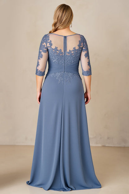 Dusty Blue Plus Size Illusion Neck Long Mother of the Bride Dress