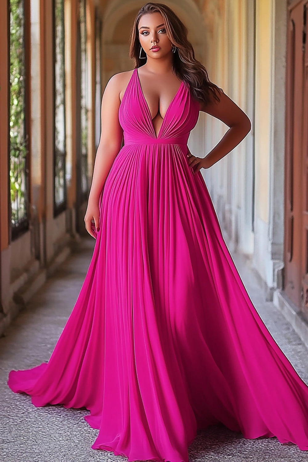 A Line Fuchsia Pleated Deep V-Neck Long Prom Dress