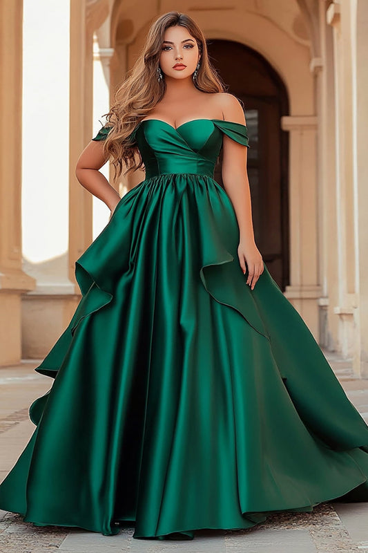 Ball Gown Dark Green Satin Long Prom Dress with Ruffles