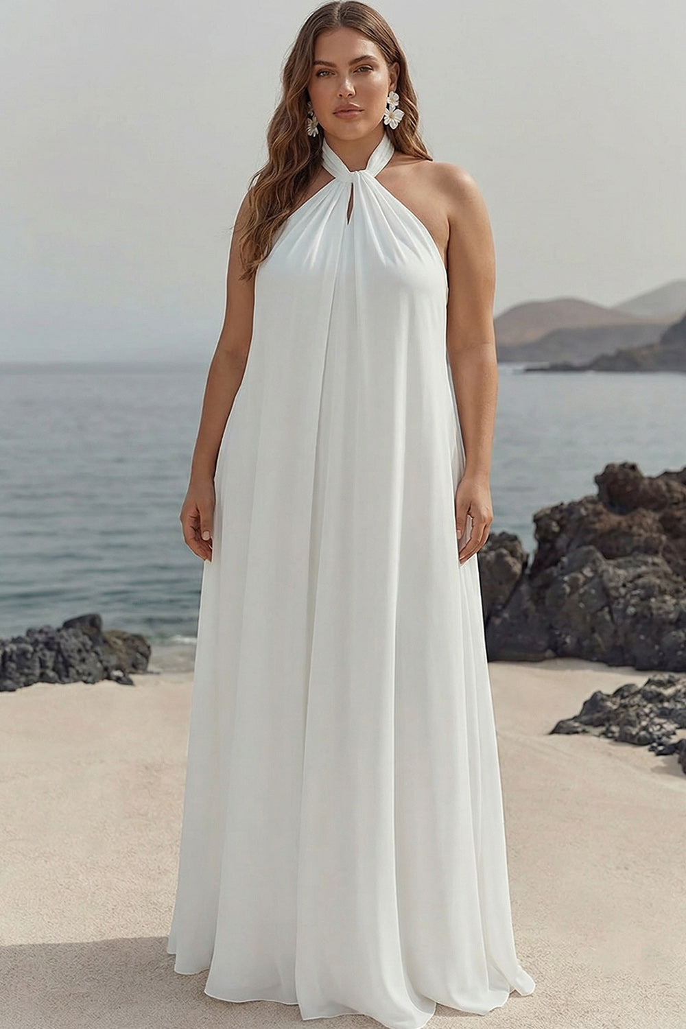 Plus Sise White Chiffon A Line Halter Long Rehearsal Dinner Dress