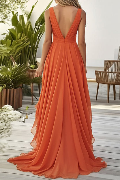 Orange Chiffon Deep V-Neck Long Wedding Guest Dress with Ruffles