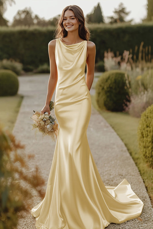 Mermaid Daffodil Satin Cowl Neck Long Bridesmaid Dress