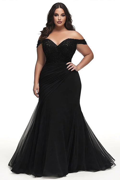 Black Mermaid V-Neck Plus Size Long Prom Dress with Appliques