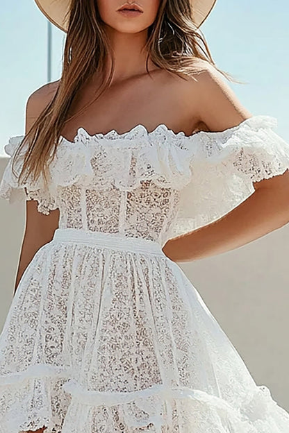 White Lace A Line Boho High-Low Graduation Dress with Ruffles