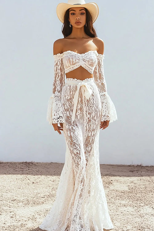 Two Piece White Lace Boho Maxi Dress with Long Sleeves