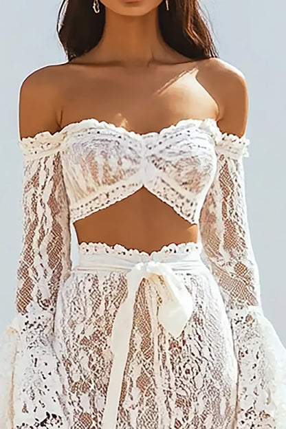 Two Piece White Lace Boho Maxi Dress with Long Sleeves