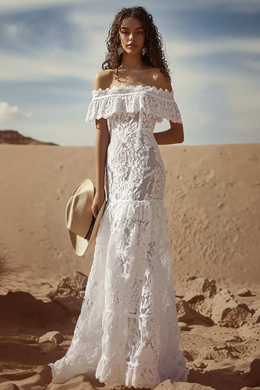 White Lace Off The Shoulder Long Boho Maxi Dress with Ruffles