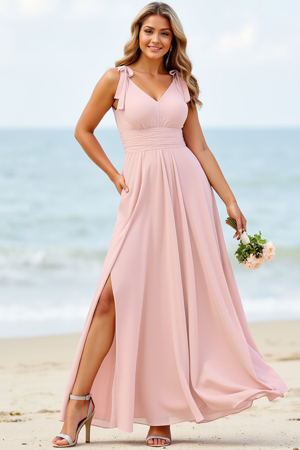 Candy Pink Chiffon V-Neck Boho Long Bridesmaid Dress with Slit