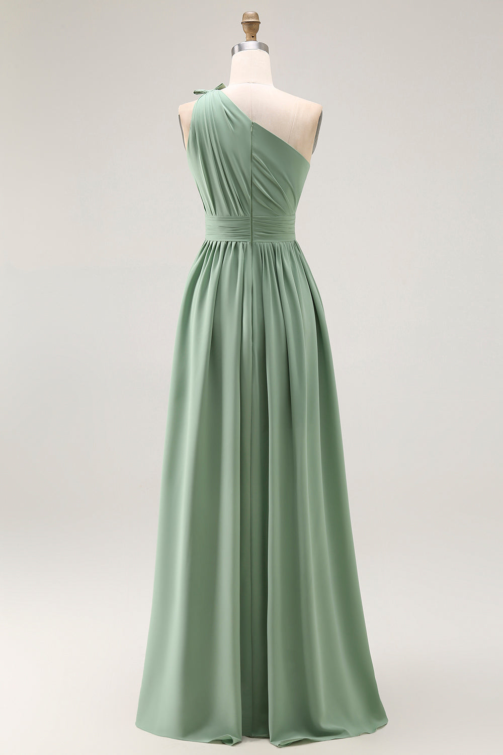 Green One Shoulder Ruched Boho Long Bridesmaid Dress with Slit