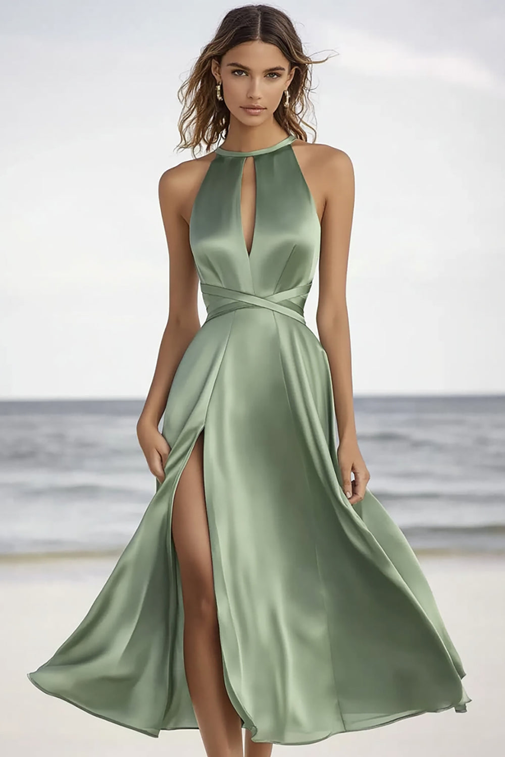 Dusty Sage A Line Keyhole Long Formal Dress with Slit