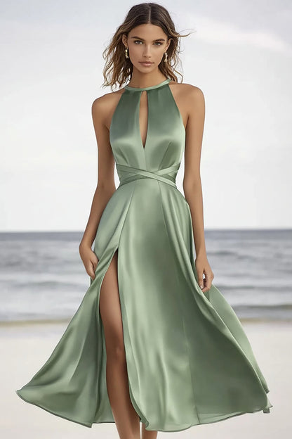 Dusty Sage A Line Keyhole Long Formal Dress with Slit