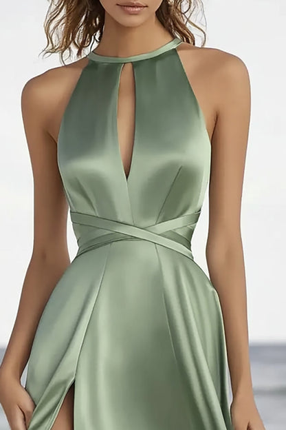 Dusty Sage A Line Keyhole Long Formal Dress with Slit