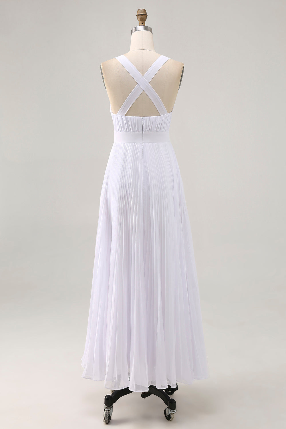 White Chiffon A Line V Neck Long Engagement Dress with Pleats
