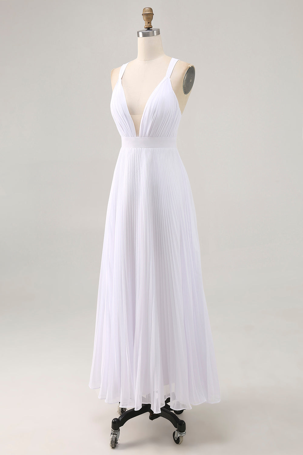 White Chiffon A Line V Neck Long Engagement Dress with Pleats