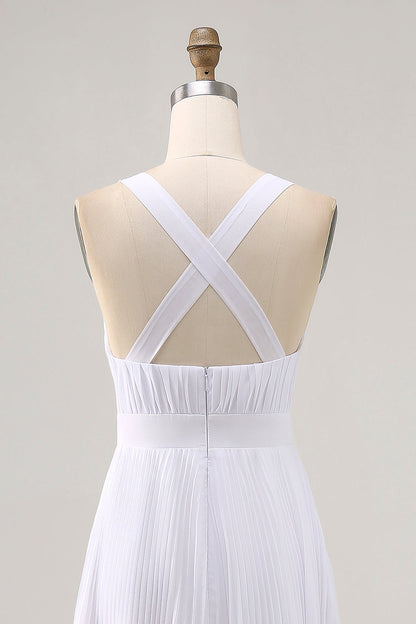 White Chiffon A Line V Neck Long Engagement Dress with Pleats