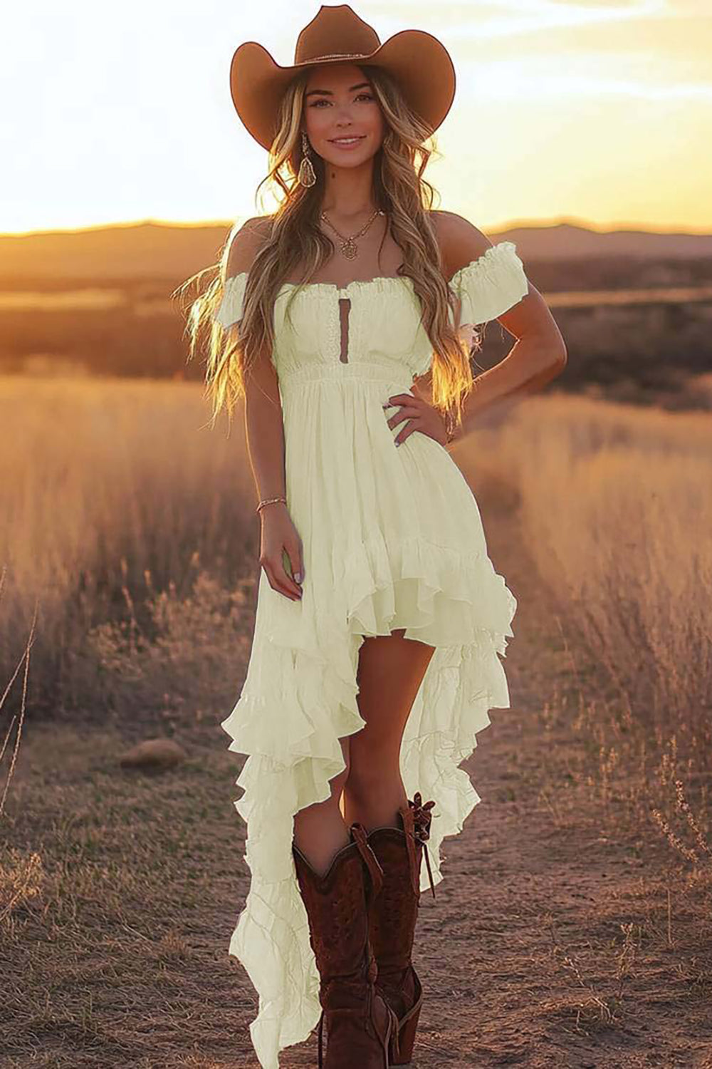 White A Line Off the Shoulder Asymmetrical Western Wedding Dress with Ruffles