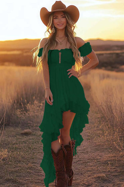 White A Line Off the Shoulder Asymmetrical Western Wedding Dress with Ruffles