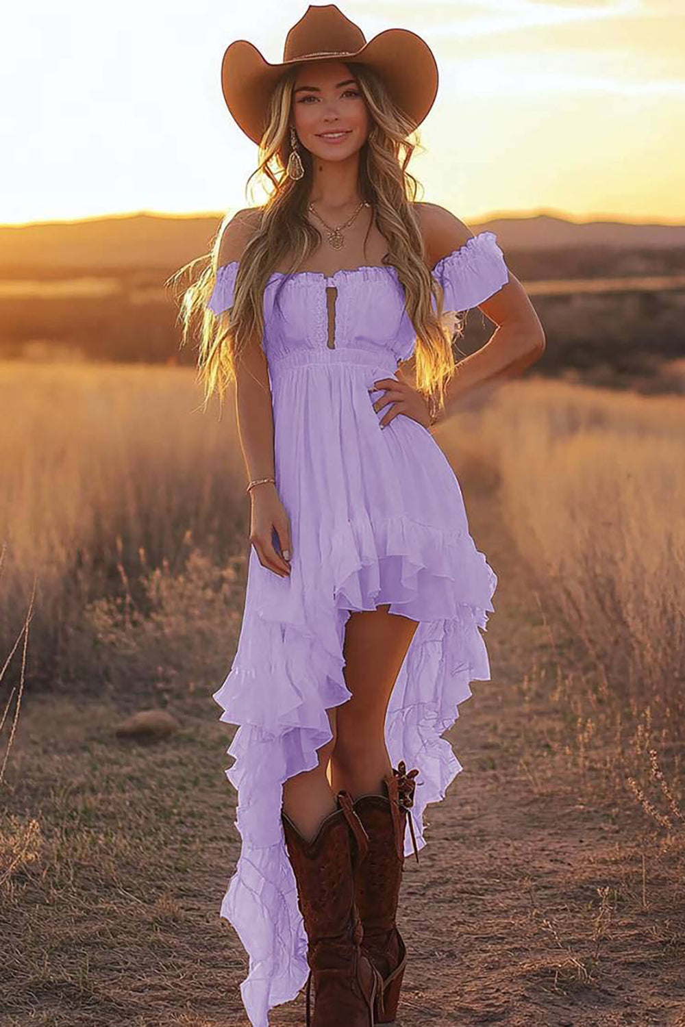 White A Line Off the Shoulder Asymmetrical Western Wedding Dress with Ruffles