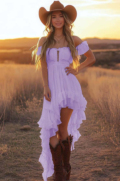 White A Line Off the Shoulder Asymmetrical Western Wedding Dress with Ruffles