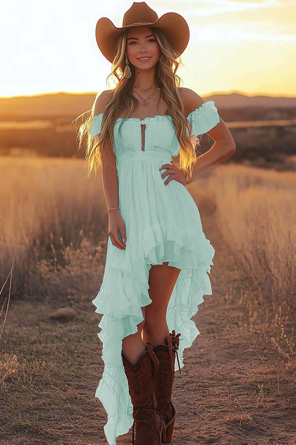 White A Line Off the Shoulder Asymmetrical Western Wedding Dress with Ruffles
