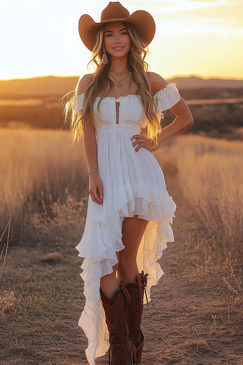 White A Line Off the Shoulder Asymmetrical Western Wedding Dress with Ruffles