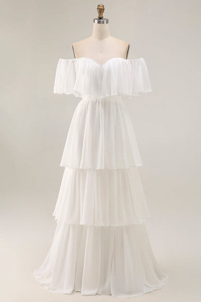 White Chiffon Off the Shoulder Tiered Boho Sweep Train Wedding Dress