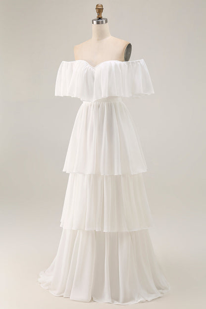 White Chiffon Off the Shoulder Tiered Boho Sweep Train Wedding Dress