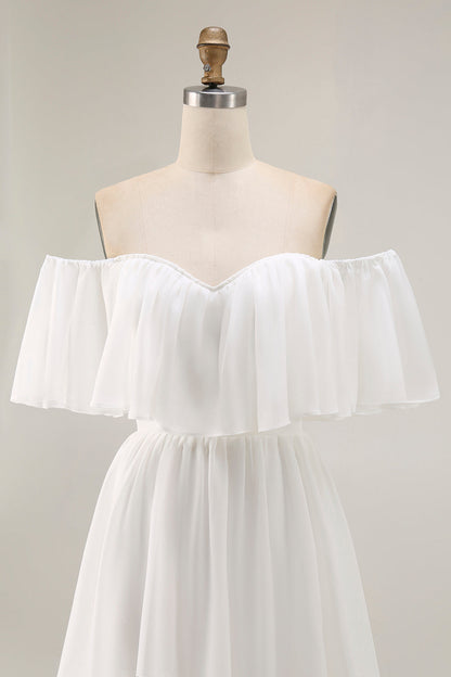 White Chiffon Off the Shoulder Tiered Boho Sweep Train Wedding Dress