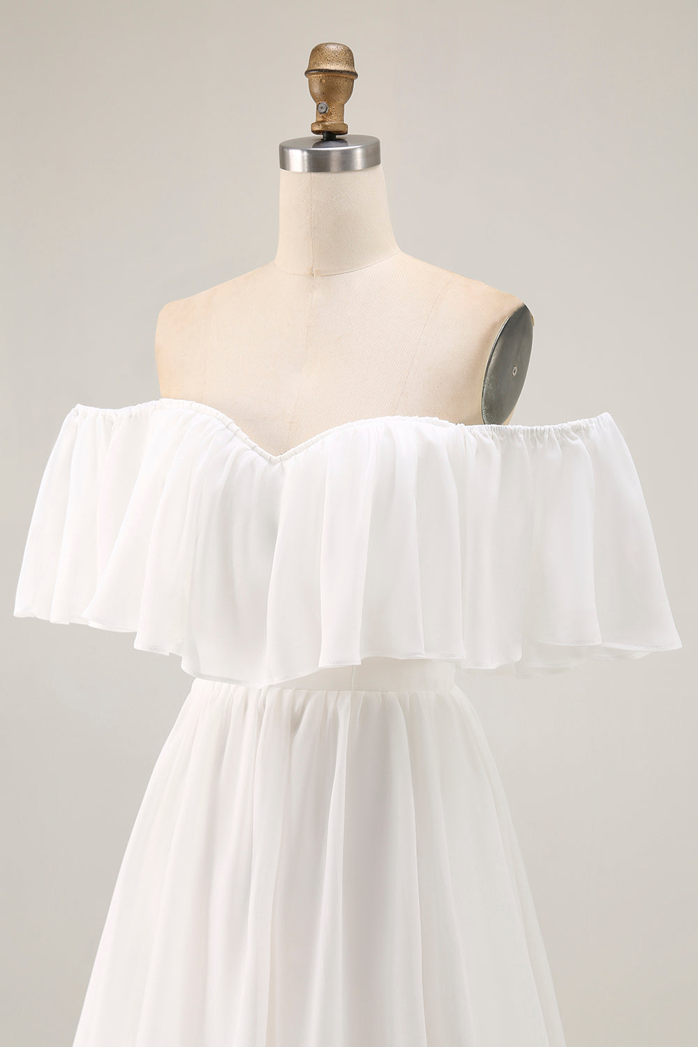 White Chiffon Off the Shoulder Tiered Boho Sweep Train Wedding Dress