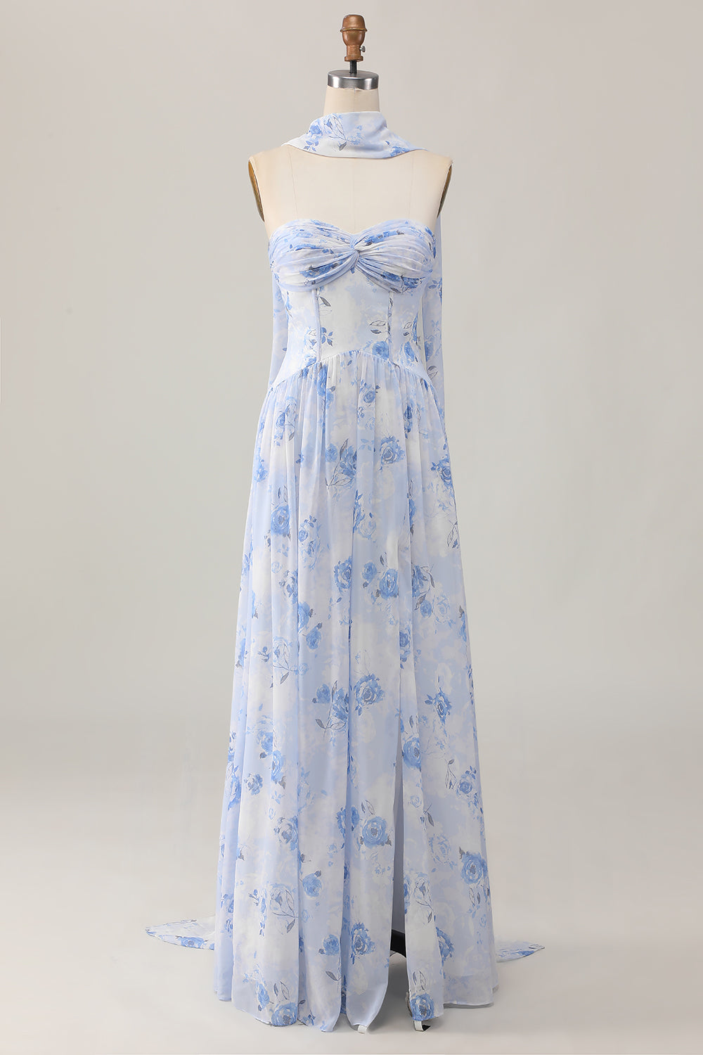 Blue Corset Floral Neck Scarf Long Wedding Guest Dress with Slit