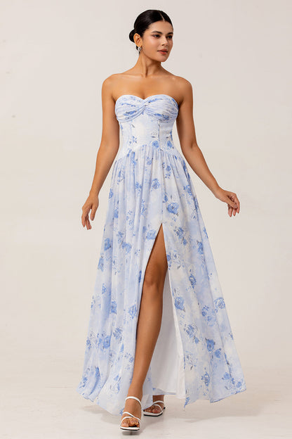 Blue Corset Floral Neck Scarf Long Wedding Guest Dress with Slit