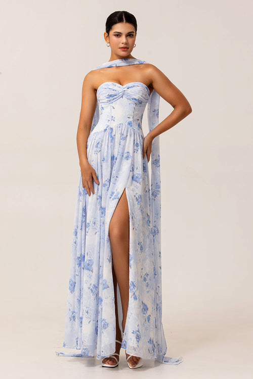 Blue Corset Floral Neck Scarf Long Wedding Guest Dress with Slit