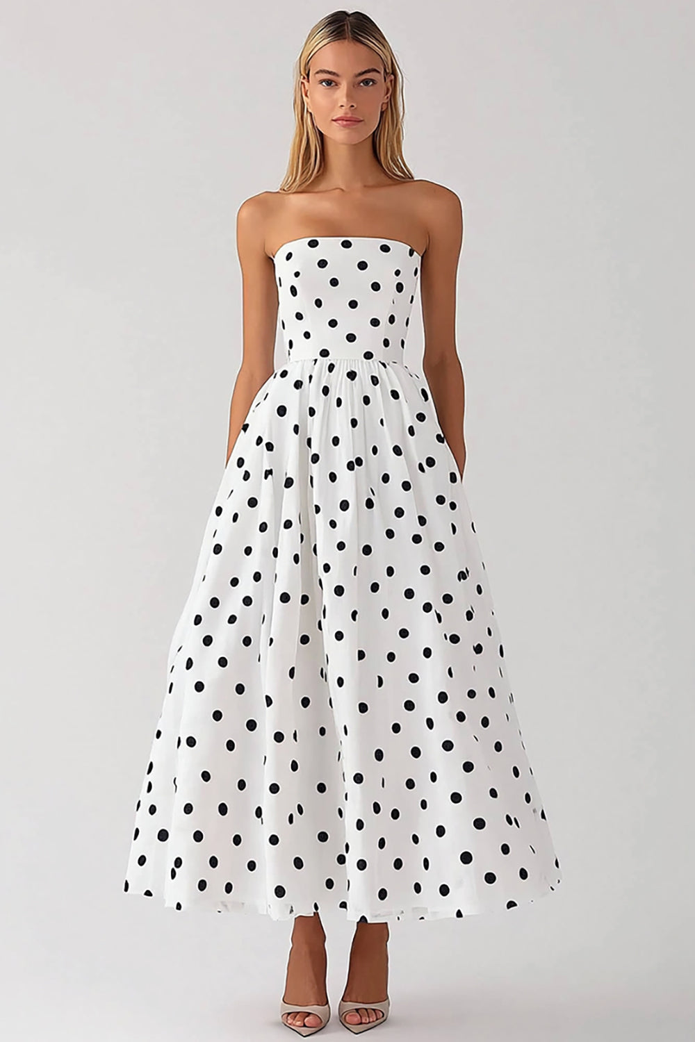 Black and White Satin Strapless Empire Boho Maxi Polka Dot Dress